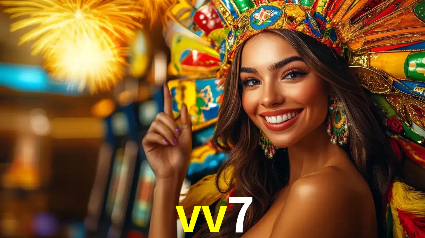 Mulher sorridente com um cocar de carnaval vibrante e colorido, celebrando uma grande vitória nos jogos do cassino vv7 com fogos de artifício ao fundo.