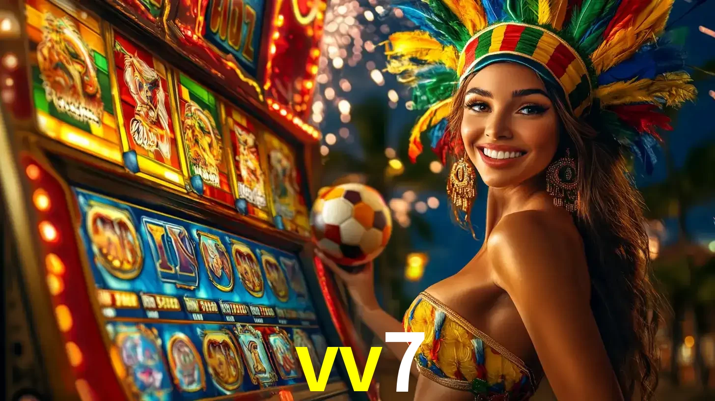 Mulher com um cocar de carnaval ao lado de uma máquina de caça-níqueis enquanto segura uma bola de futebol, mostrando a união da diversão de cassino e esportes no vv7.