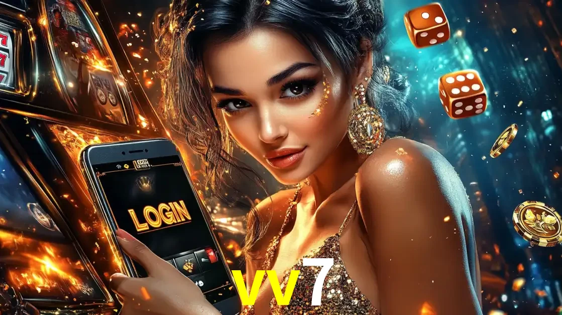 Mulher glamourosa segurando um celular com a tela de login do cassino vv7, rodeada por dados e moedas douradas, pronta para começar a diversão.