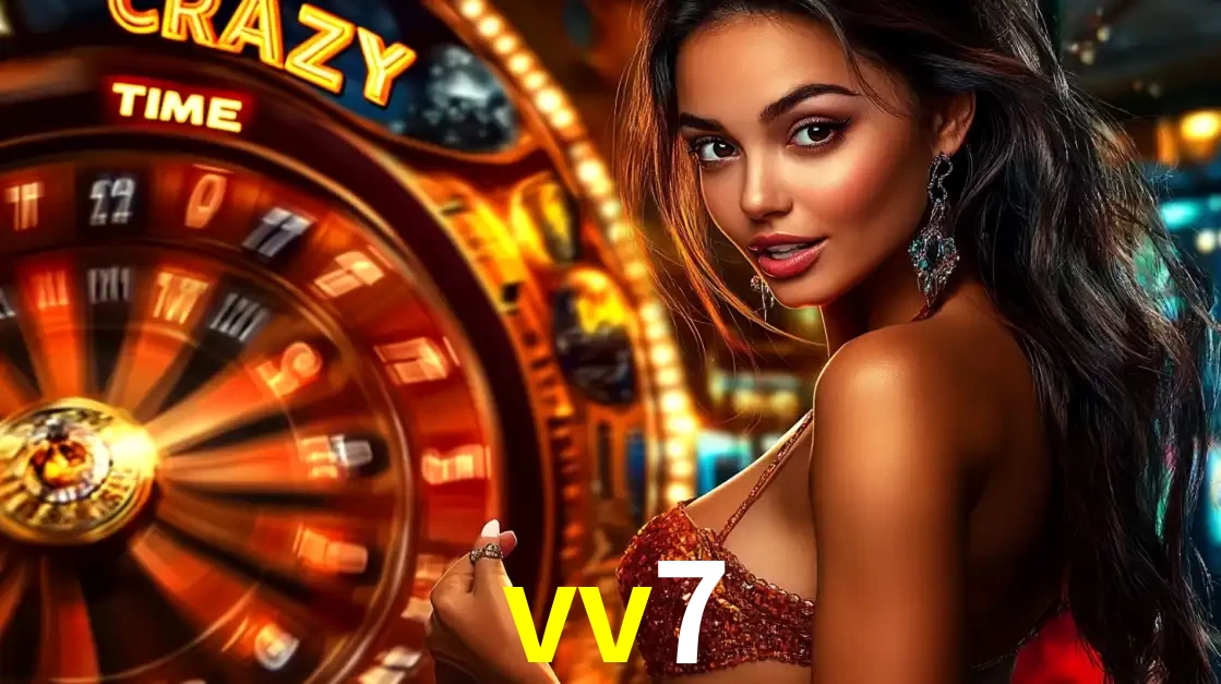 Mulher ao lado da roda de prêmios do jogo de cassino ao vivo Crazy Time, um dos shows de jogos mais emocionantes oferecidos pela plataforma de apostas vv7.