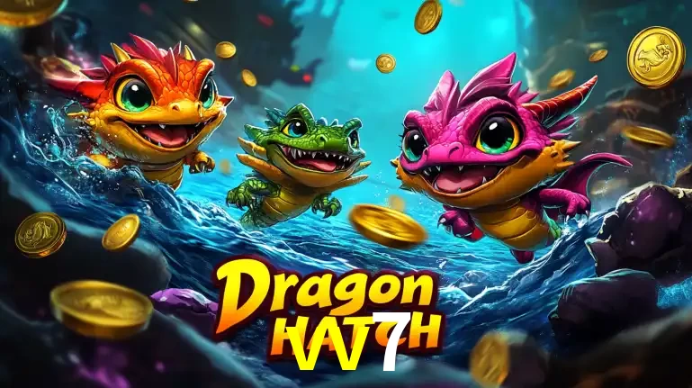 Arte promocional do jogo Dragon Hatch com três adoráveis dragões bebês nadando entre moedas de ouro, um dos slots mais divertidos para jogar no cassino vv7.