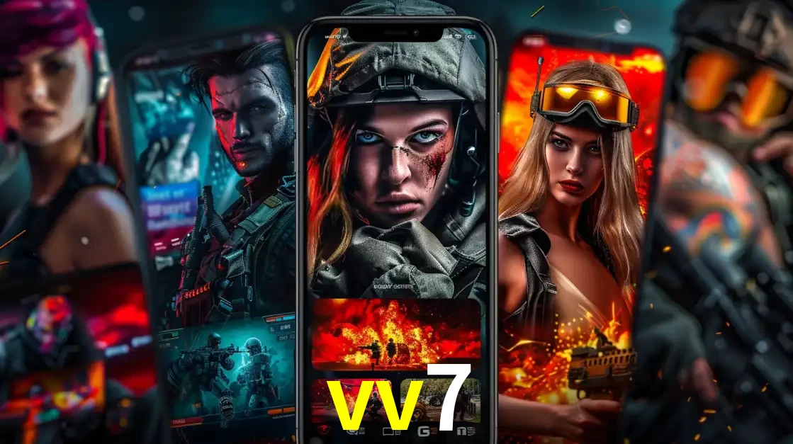Montagem de telas de celular mostrando diversos personagens, masculinos e femininos, de um jogo de tiro, ilustrando a diversidade de equipes de e-sports para apostar no vv7.