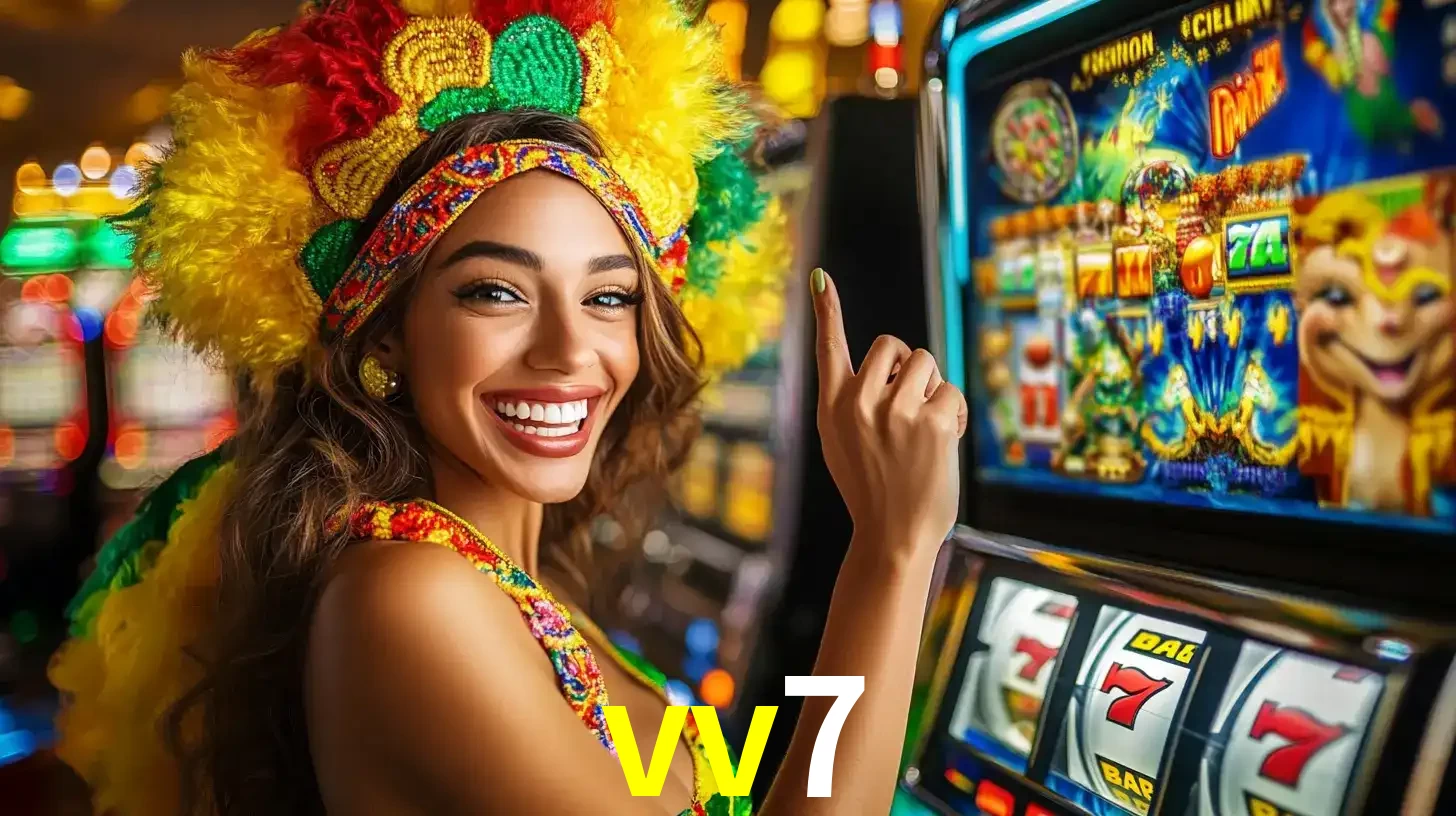 Mulher animada com um cocar de carnaval apontando para uma máquina de caça-níqueis, mostrando a emoção de ganhar um grande prêmio nos jogos do vv7.