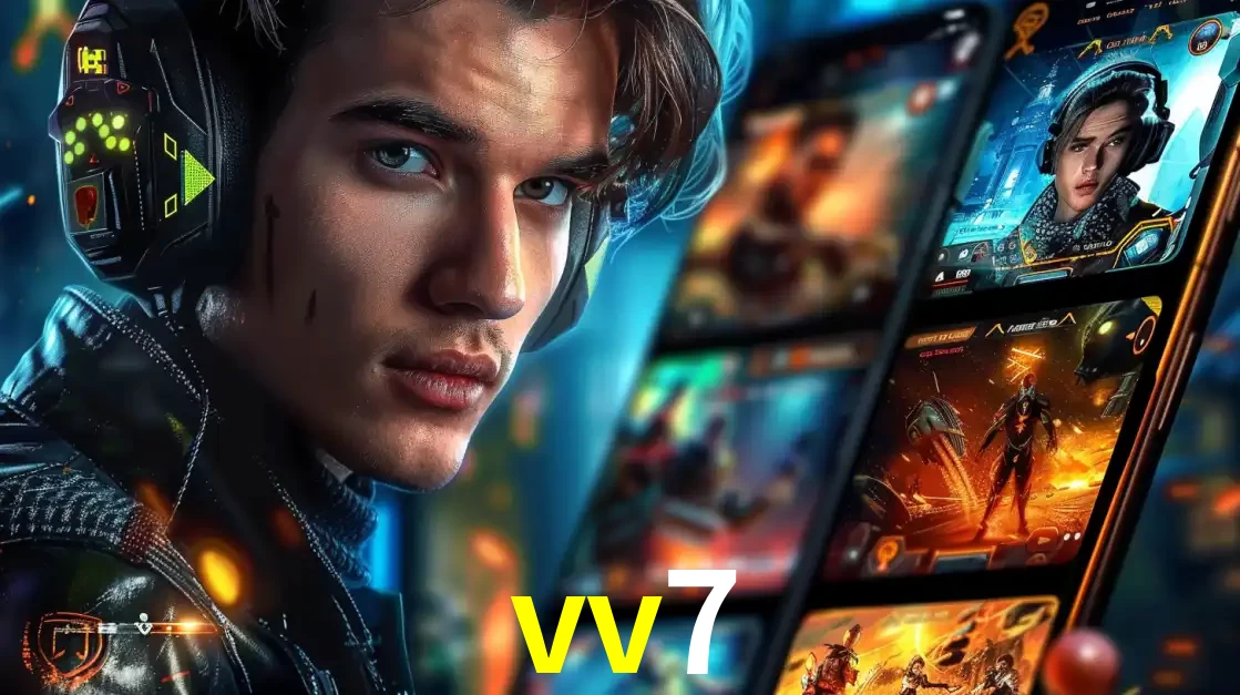 Jovem jogador com fones de ouvido olhando para a câmera, com um aplicativo de jogos e e-sports para celular ao fundo, pronto para a competição e apostas no vv7.