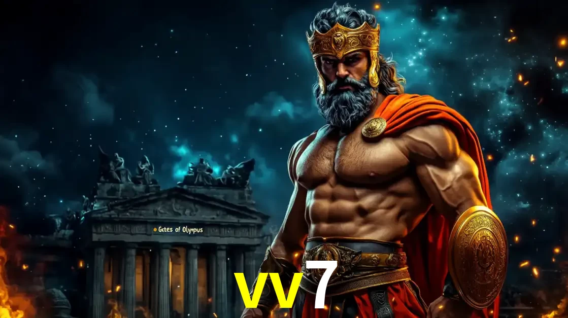 O poderoso Zeus do jogo de slot Gates of Olympus em frente ao seu templo, pronto para lançar multiplicadores divinos e prêmios épicos no cassino online vv7.