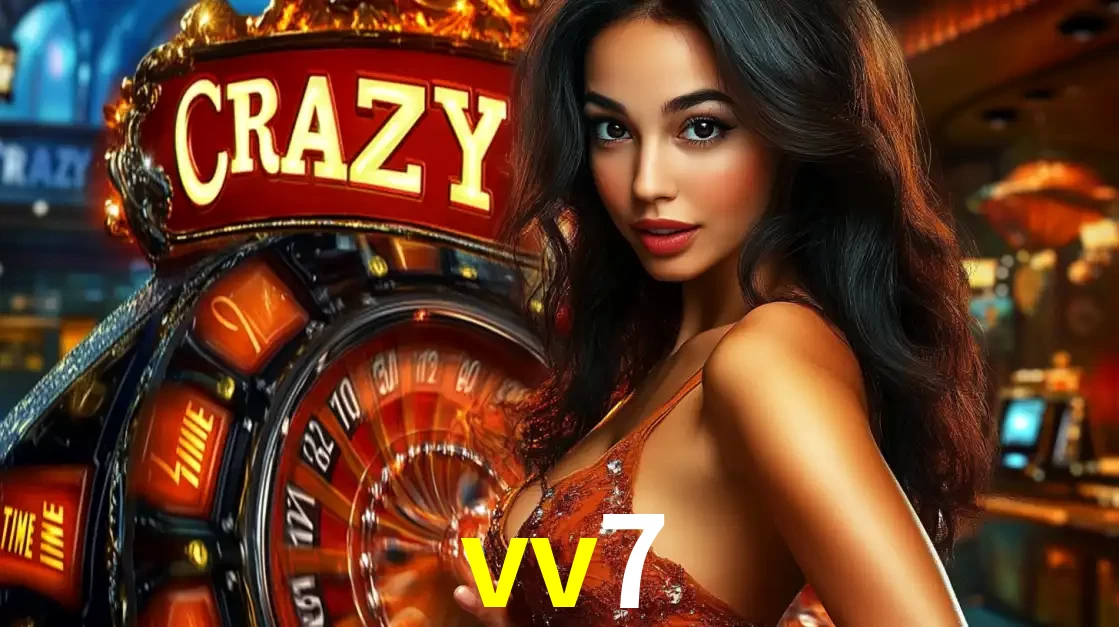 Mulher glamourosa olhando para a câmera com a roda vermelha do Crazy Time ao fundo em um ambiente de cassino, destacando a emoção dos jogos ao vivo no vv7.