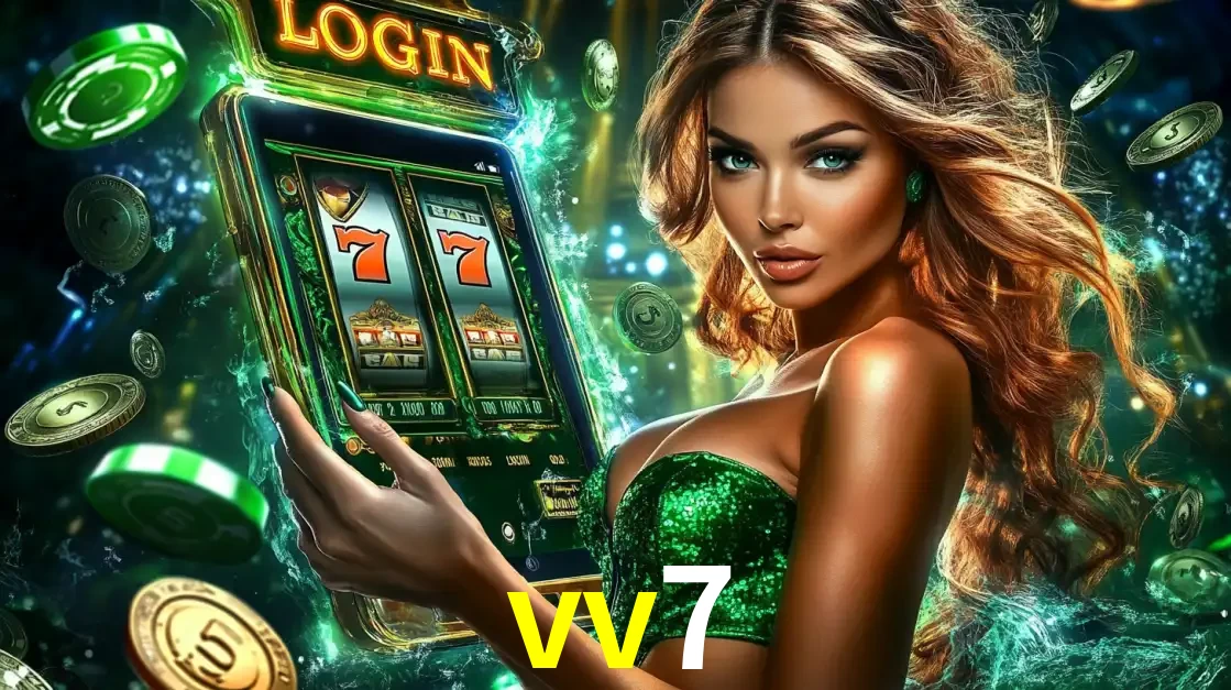 Mulher com tema verde apresentando o aplicativo do cassino vv7 com um jogo de slot de 777, cercada por fichas de cassino e uma aura de sorte.