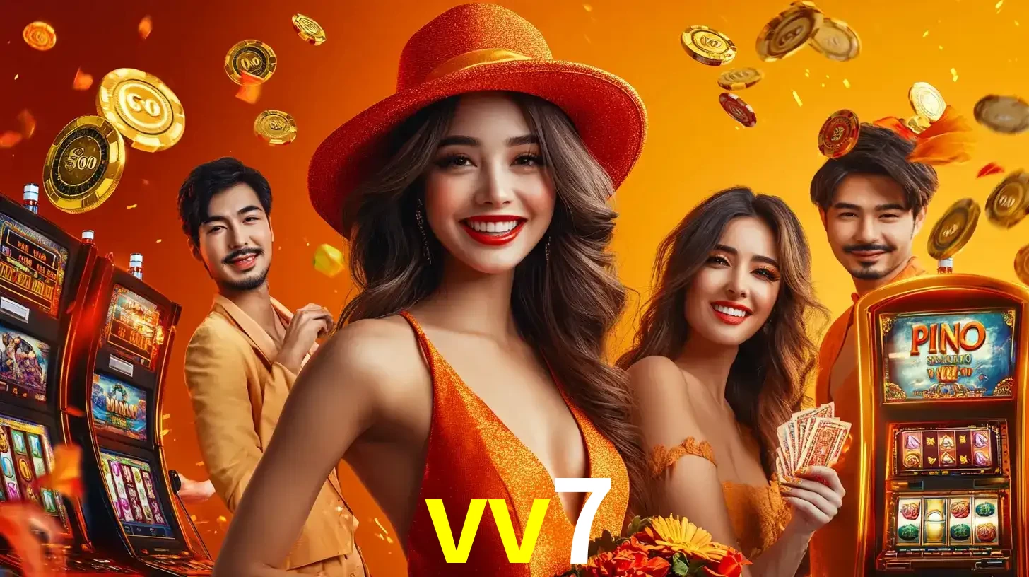 Grupo de amigos asiáticos sorrindo e se divertindo com máquinas de caça-níqueis em um ambiente festivo, celebrando suas vitórias nos jogos de cassino do vv7.