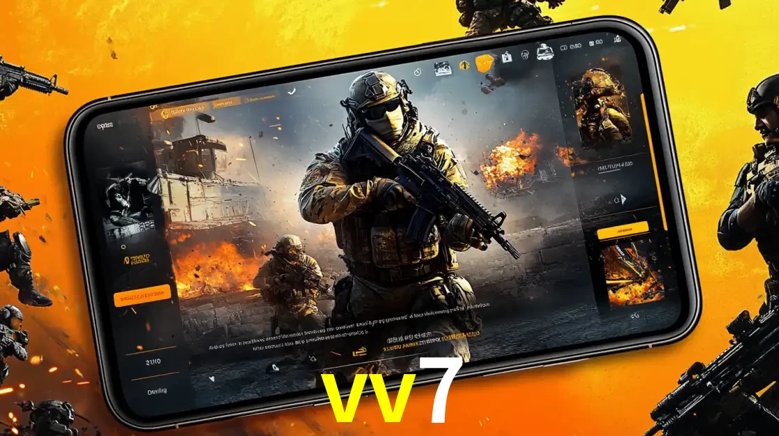 Um smartphone exibindo a interface de um jogo de tiro em primeira pessoa, com um soldado em um cenário de batalha, representando a ação dos e-sports para apostar no vv7.