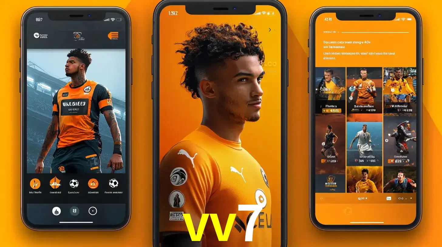 Interface do aplicativo de apostas esportivas vv7 em três telas de celular, mostrando o perfil de um jogador de futebol e a lista de jogos disponíveis para apostar.