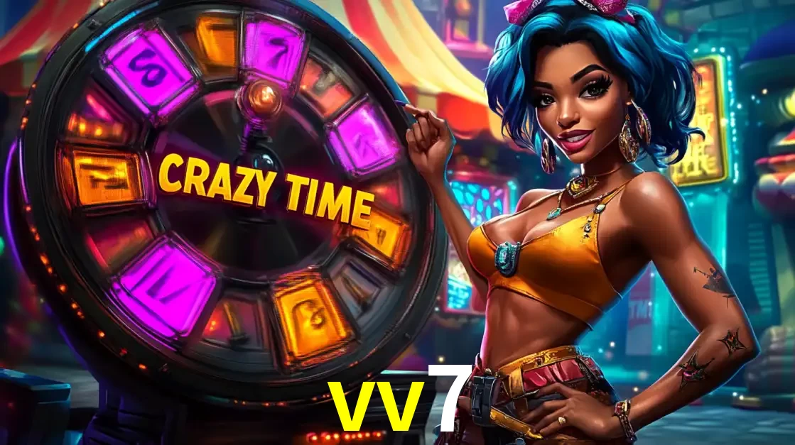 Mulher estilizada com cabelo azul e visual vibrante posando ao lado da roda de prêmios do game show Crazy Time, convidando para a diversão e os bônus do cassino vv7.