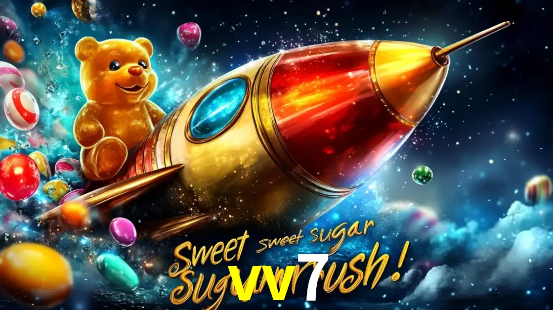 Arte promocional do jogo de slot Sugar Rush, com um urso de pelúcia em um foguete viajando pelo espaço de doces, um dos jogos divertidos disponíveis no cassino vv7.