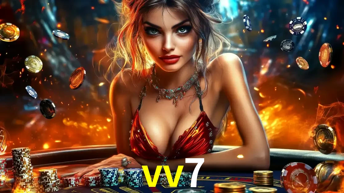 Mulher em uma mesa de cassino com pilhas de fichas e um fundo de fogo, pronta para uma rodada de altas apostas nos jogos de mesa emocionantes do cassino vv7.