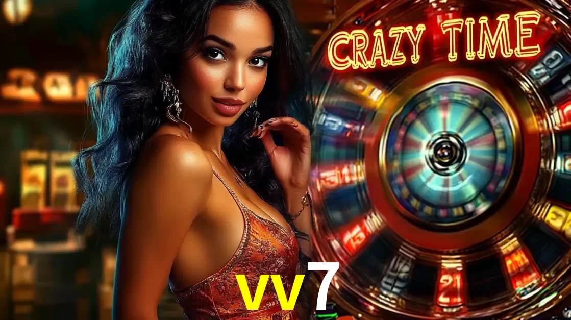 Mulher elegante ao lado da vibrante roda da fortuna do jogo de cassino ao vivo Crazy Time, um dos game shows mais populares e cheios de prêmios do vv7.