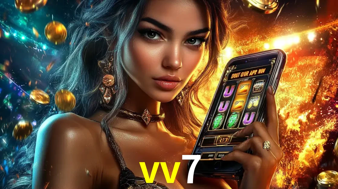 Mulher elegante mostrando um jogo de caça-níqueis em seu smartphone, destacando a experiência de cassino móvel oferecida pelo aplicativo vv7.