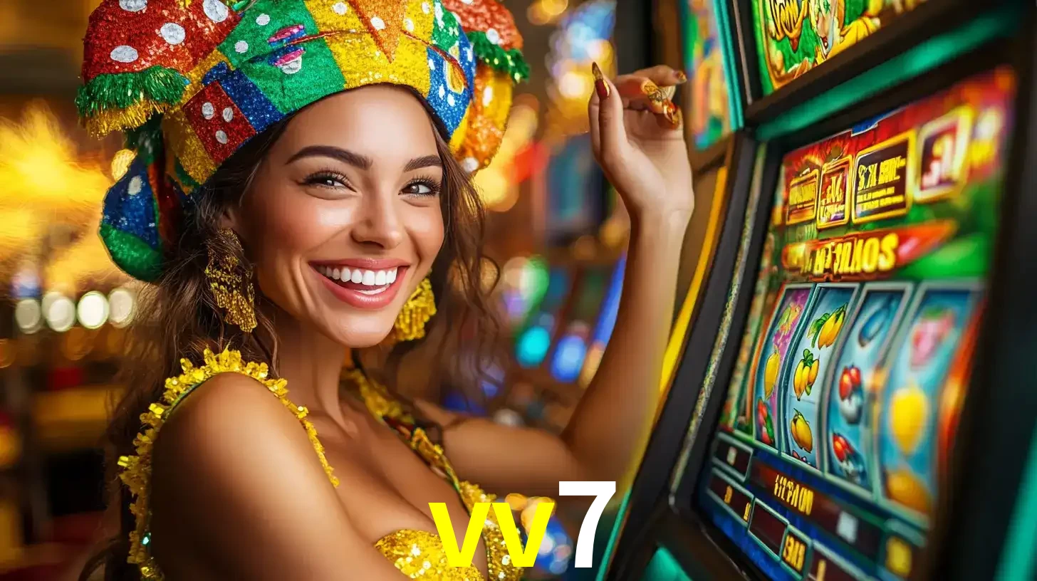 Mulher feliz com traje de carnaval amarelo e colorido ao lado de uma máquina de caça-níqueis, aproveitando a diversão e os jogos temáticos do cassino vv7.