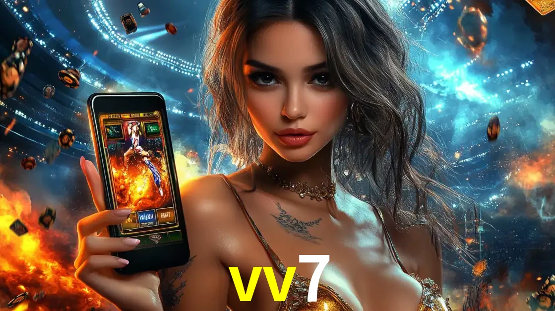 Mulher segurando um celular com um jogo de slot em destaque, tendo como fundo um estádio vibrante, simbolizando a emoção de jogar no cassino móvel vv7.