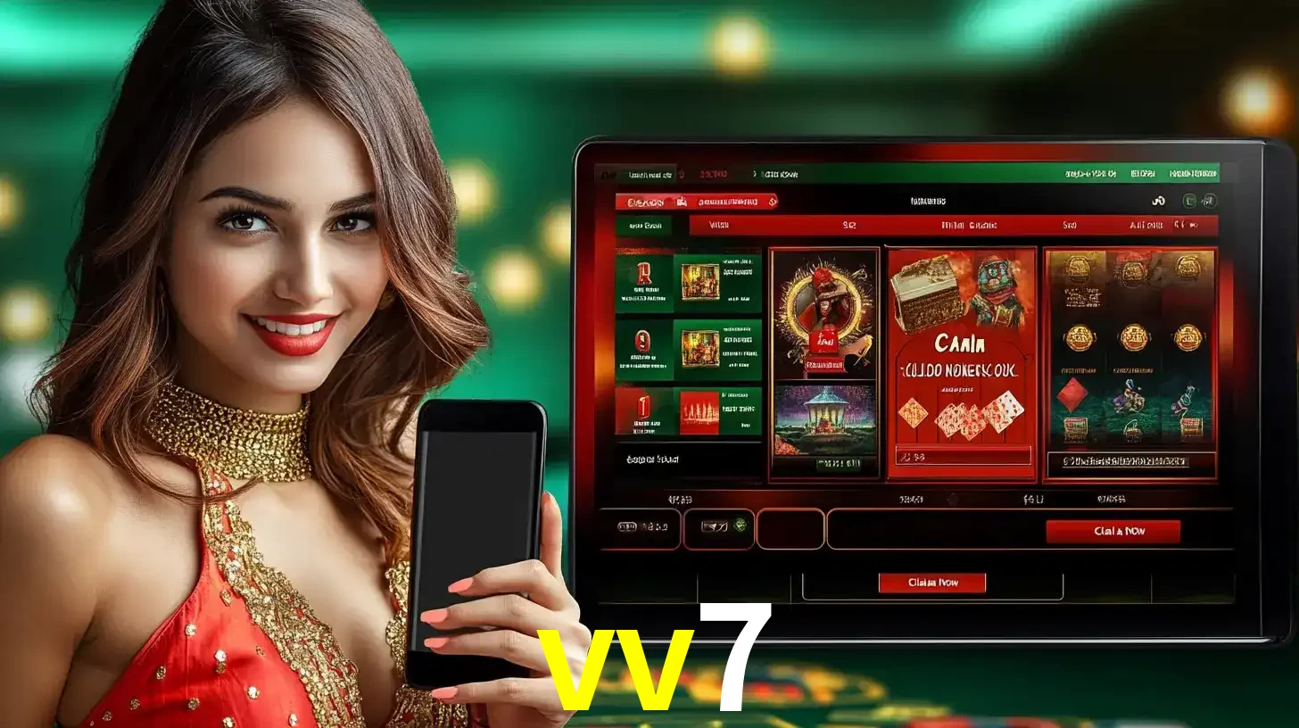 Mulher sorridente segurando um smartphone, ao lado de uma tela exibindo o lobby de jogos do cassino online vv7, com várias opções de jogos de cartas e slots.